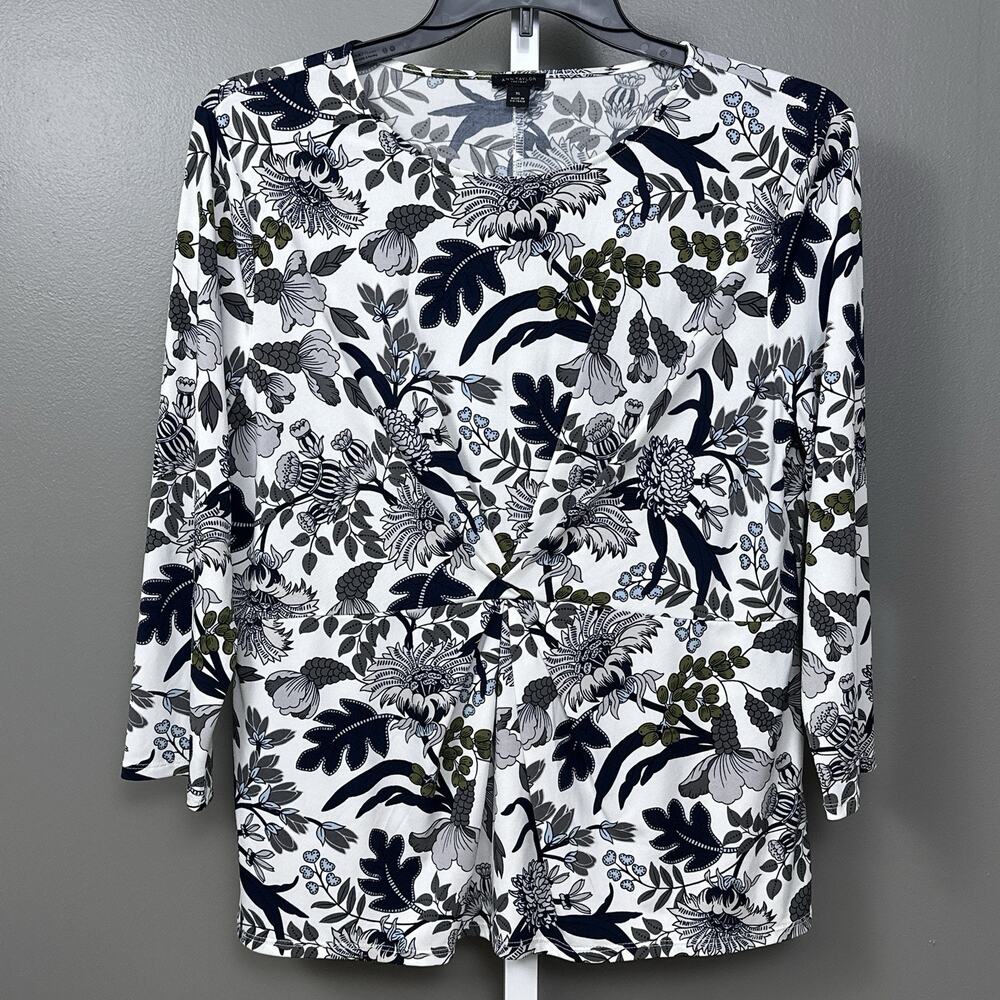 Ann Taylor Factory Top XL Floral Twist Front 3/4 Sleeve Stretch Blouse Shirt